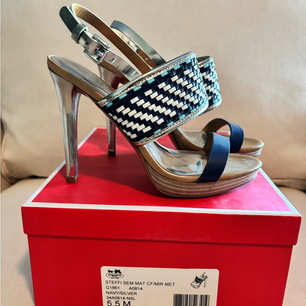 Coach Navy and Silver Strappy Heels Steffi SEM MAT CF/MIR MET